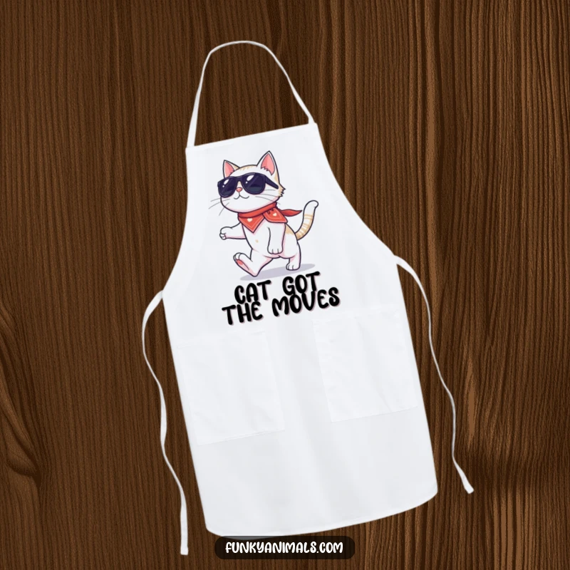Funny cat apron featuring a cool cat in sunglasses and bandana, moonwalking on four paws, perfect for kitchen cool.