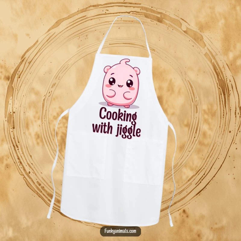 Funny apron illustration of a pink, squishy creature with googly eyes wiggling its body while cooking, adding humor to kitchen tasks.