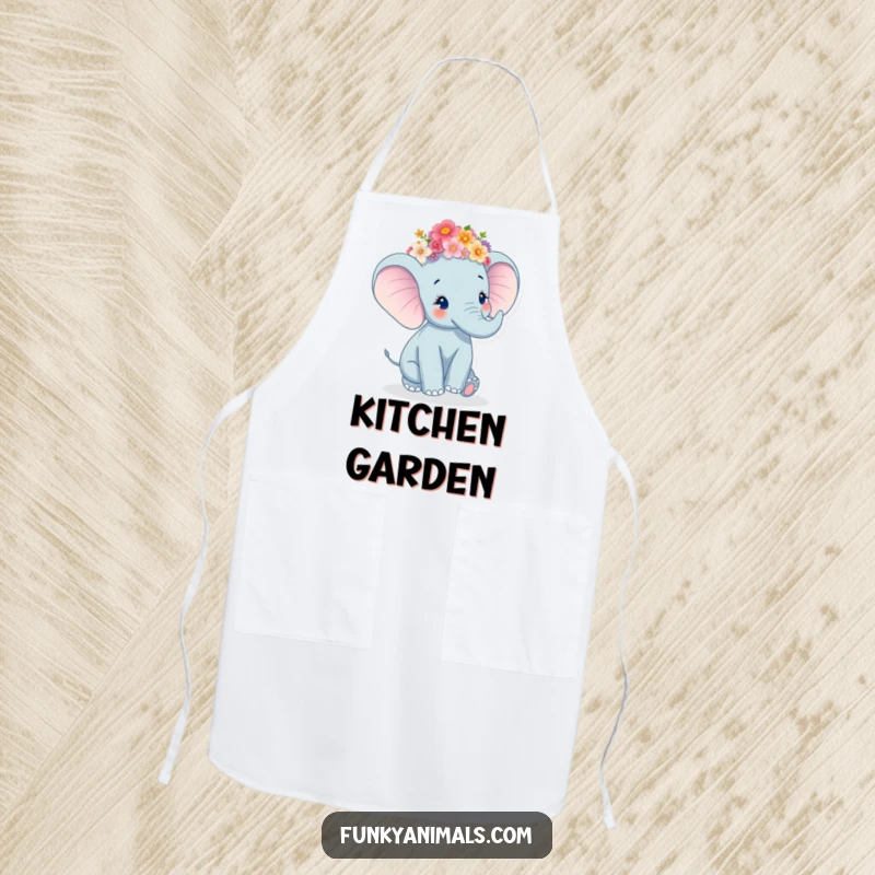 Funny Elephant Apron showcasing a joyous elephant adorned with flowers, performing a delightful twirl.