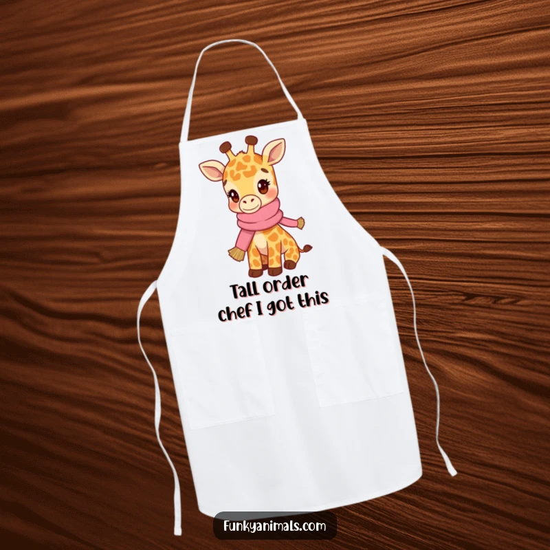 Funny apron featuring a hip giraffe cub wearing a knitted scarf, ready for stylish cooking adventures.