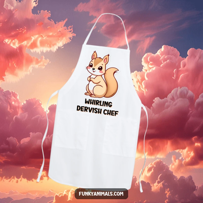 Funny squirrel with a spiraling, spinning tail, perfect for a humorous cooking apron, designed for energetic chefs.