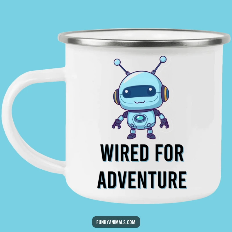 Funny Blue Robot Camping Mug: Wobbly Antennas, Mischievous Outdoor Tech Gift