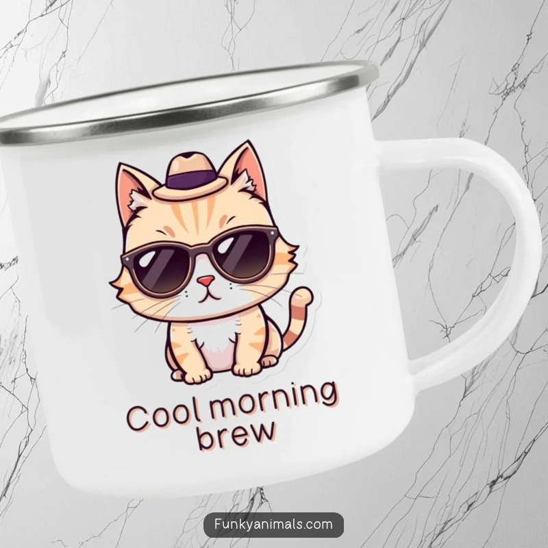 Funny Cool Cat Camping Mug featuring a stylish cat with sunglasses and a fedora, ready for the great outdoors.