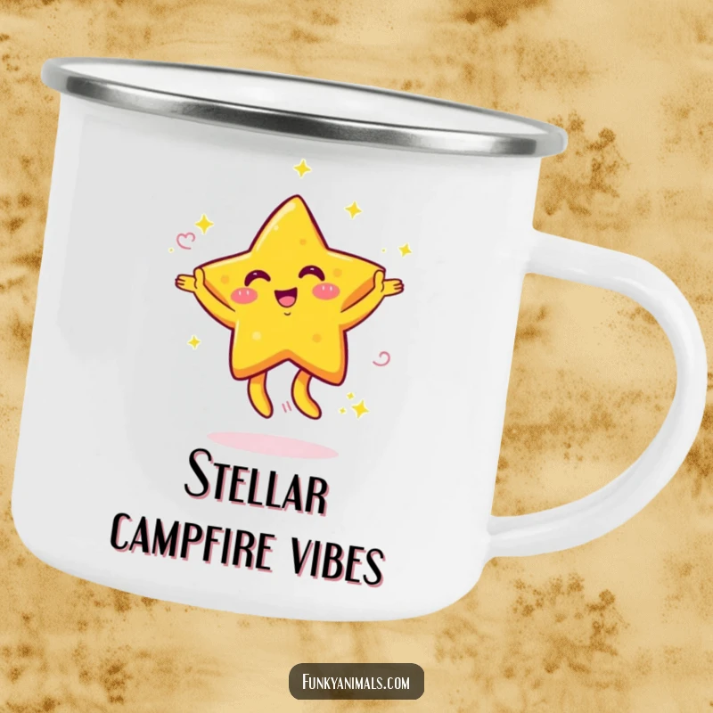 Funny camping mug featuring a bright yellow star character with swirling arms dancing energetically, perfect for cheerful outdoor drinking and fun.