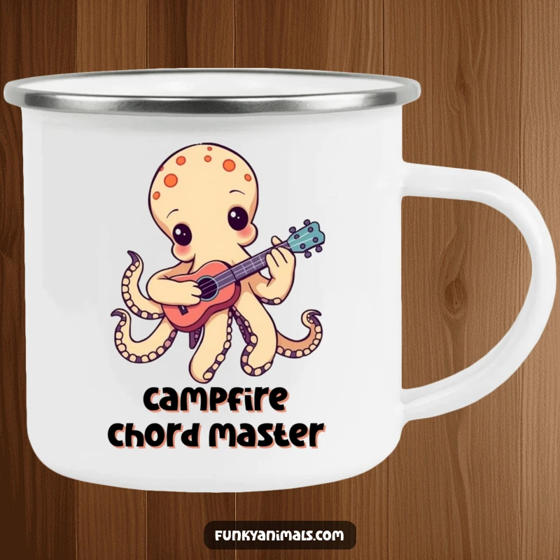 Funny groovy octopus camping mug, playing a tiny ukulele with one tentacle strumming, durable and ready for outdoor musical enjoyment.