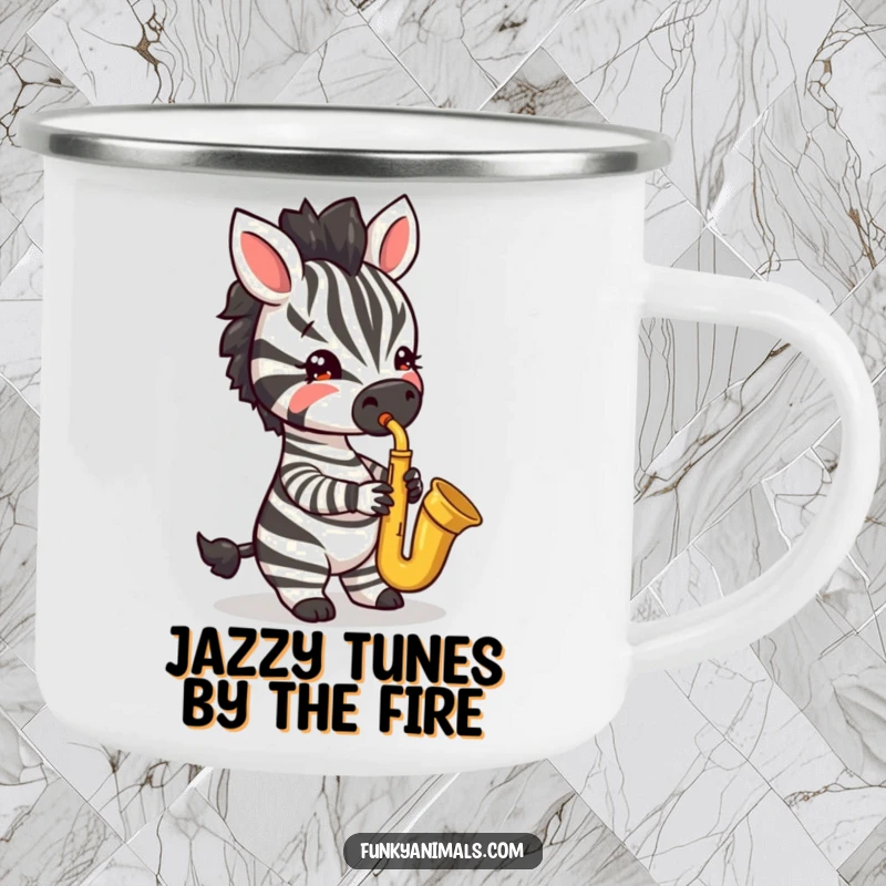 Funny camping mug showcasing a jazzy zebra cub playing a saxophone, perfect for outdoor music lovers.
