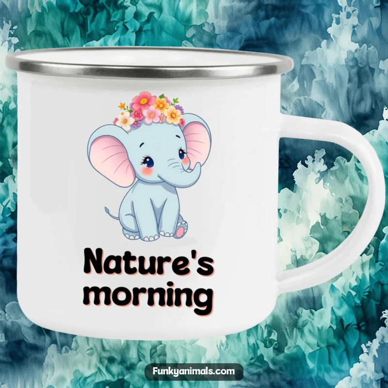 Funny Elephant Camping Mug featuring a happy elephant with a flower crown, twirling amidst nature.