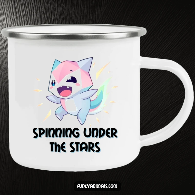 Funny Geometric Creature Camping Mug featuring a spinning, glowing geometric alien, perfect for outdoors.