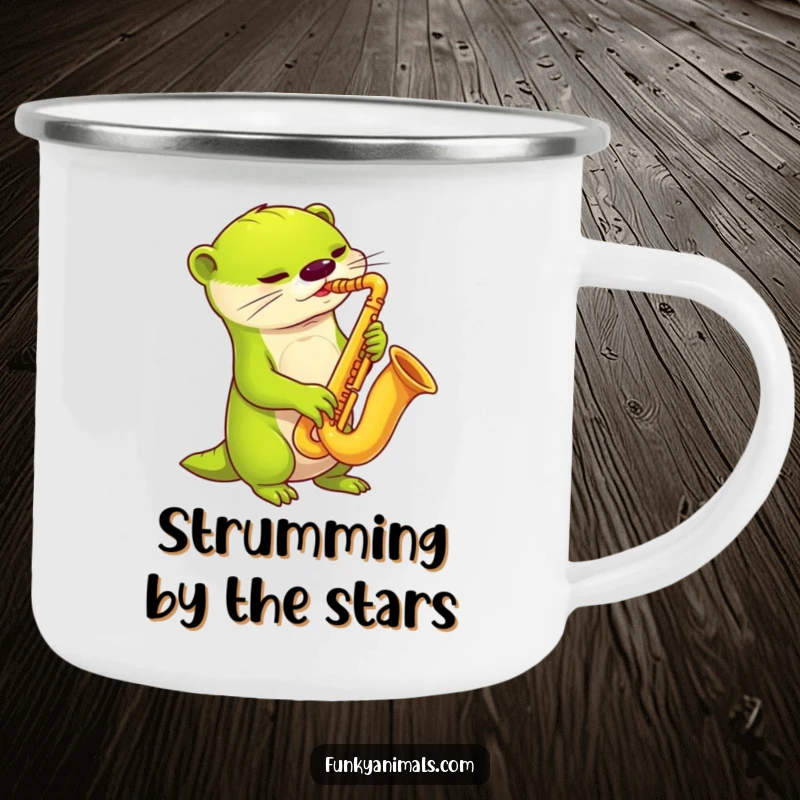 Funny alien otter saxophone camping mug, showing a lime green alien otter playing a funky saxophone, ideal for outdoor settings.