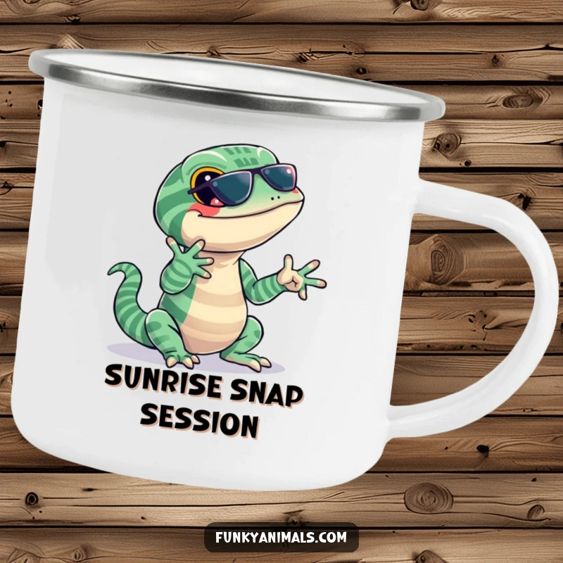 Funny lizard camping mug featuring a jazzy reptile with stripes, snapping its fingers to a beat, perfect for rugged, rhythmic fun.
