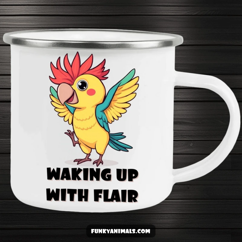 Funny parrot camping mug featuring a colorful bird with wild, spiky feathers in a hilarious flamboyant dance, perfect for rugged fun.