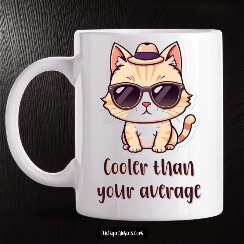 Funny Cat Mug with sunglasses and a fedora, looking undeniably cool and stylish, ready for a laugh.