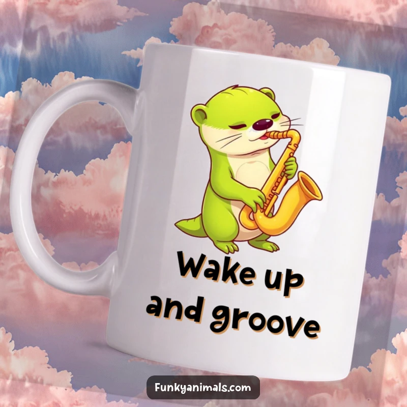 Funny alien otter mug with a lime green creature playing a saxophone, emitting groovy extraterrestrial musical vibes.