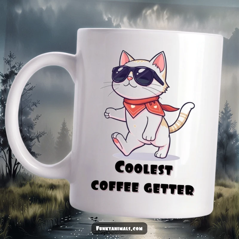 Funny cat mug featuring a cool feline wearing sunglasses and a bandana, moonwalking smoothly on its four paws with flair.