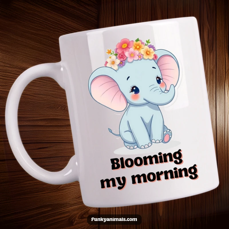 Funny Elephant Mug featuring a happy elephant in a flower crown, joyfully twirling, spreading cheer.