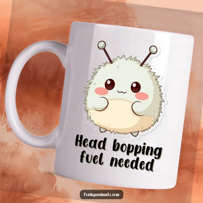 Funny mug featuring a fuzzy, round creature with antennae bopping its head rhythmically to an unseen beat.