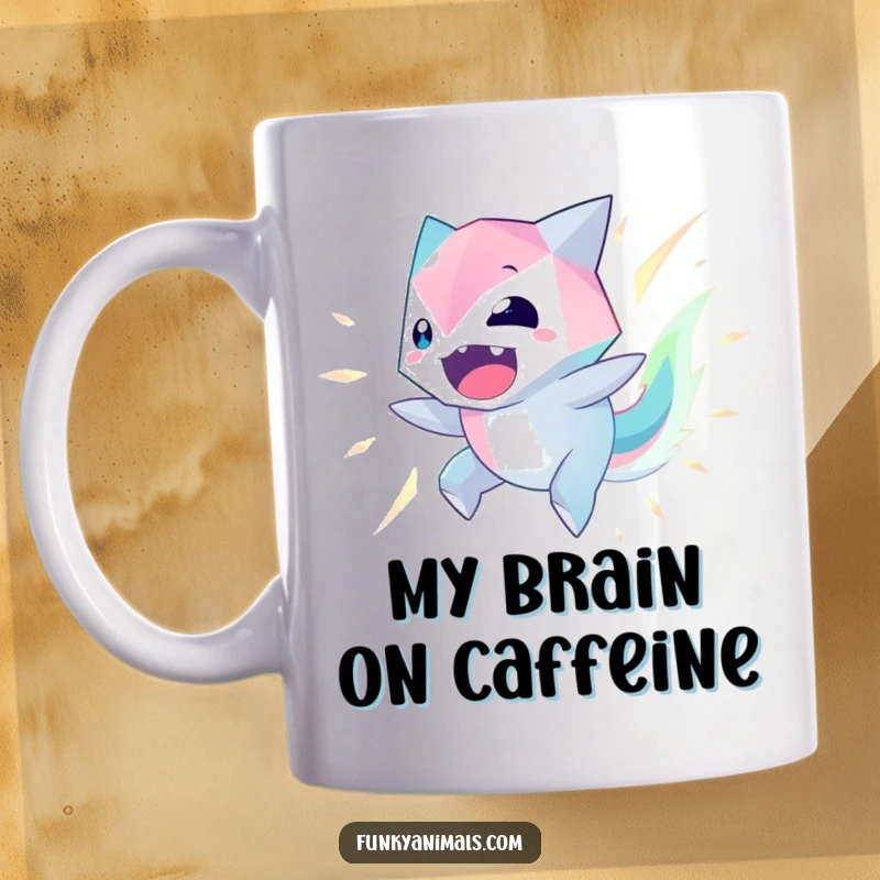Funny Geometric Creature Mug featuring a creature with glowing edges spinning wildly, radiating pure excitement and energy.