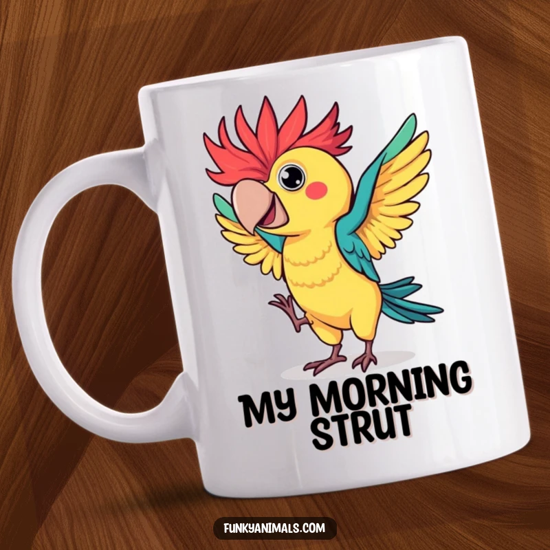 Funny parrot mug featuring a colorful bird with wild, spiky feathers performing an energetic and flamboyant dance, spreading pure joy and laughter.