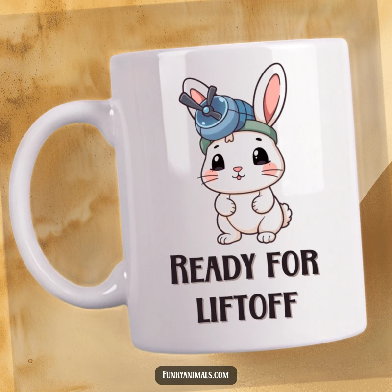 Funny Rabbit Mug featuring a rabbit with a propeller beanie, looking determined and ready for takeoff.