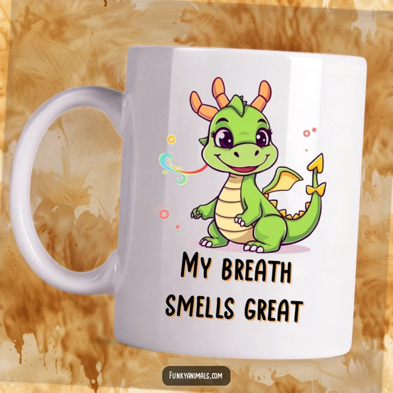 Funny green dragon mug exhaling colorful smoke rings with a wide, goofy smile, perfect for a whimsical and humorous gift.