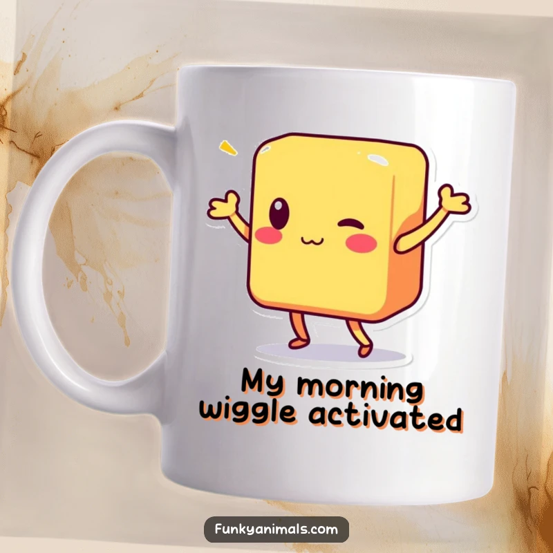 Funny mug featuring a colorful square block character mid-shimmy, radiating pure uninhibited joy and dance energy.