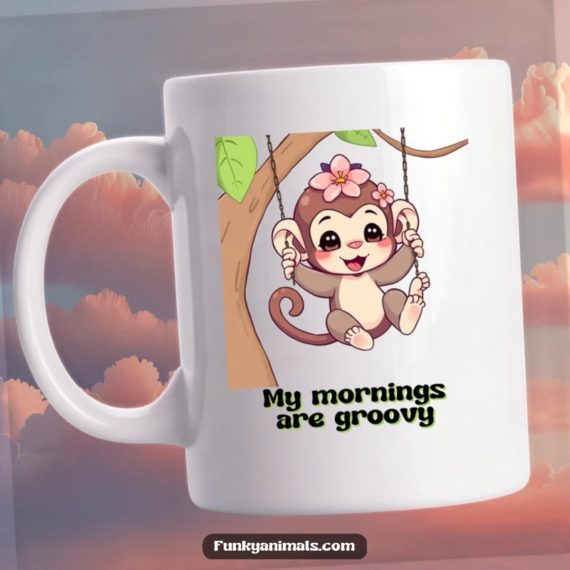 Funny Swinging Monkey Cub Mug: A playful monkey cub swinging joyfully, with a bright flower tucked into its hair, radiating happiness and charm.