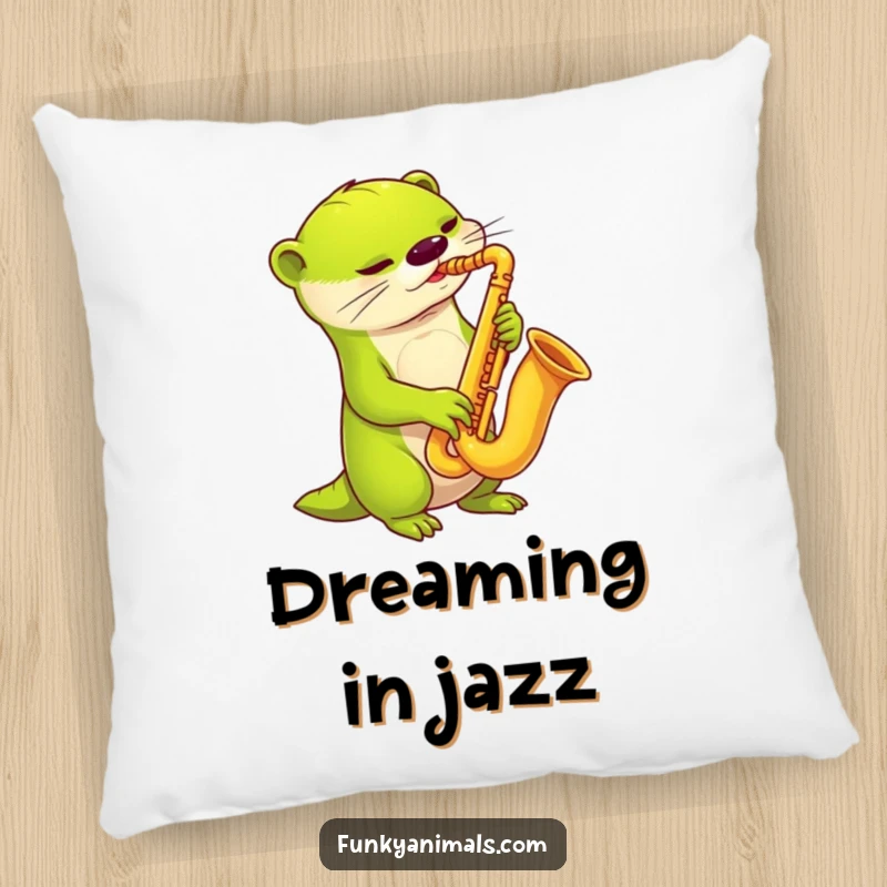 Funny alien otter saxophone pillow, showing a lime green alien otter playing a funky saxophone, perfect for relaxing.