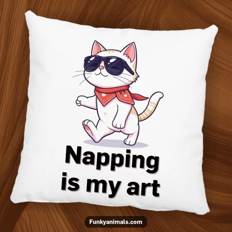 Funny cat pillow featuring a cool cat with sunglasses and a bandana, moonwalking on four paws, providing comfort and quirky decor.