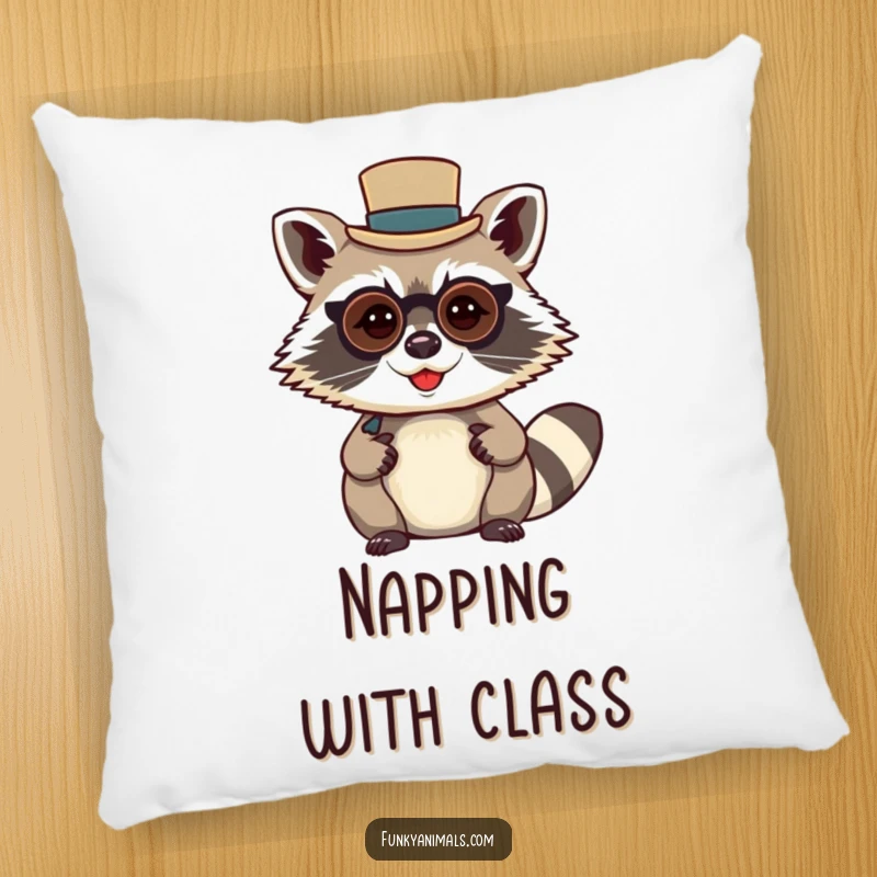 Funny raccoon gentleman pillow, featuring a mischievous raccoon wearing a tiny top hat and monocle, for cozy spaces.