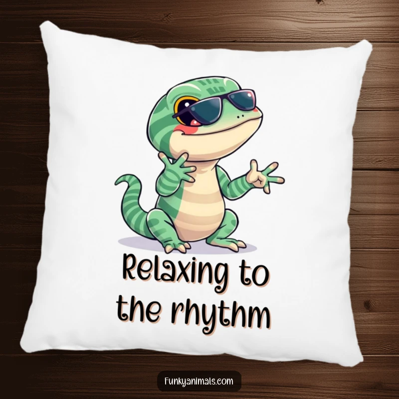 Funny lizard pillow featuring a jazzy reptile with stripes, snapping its fingers to a beat, providing comfortable and quirky decor.