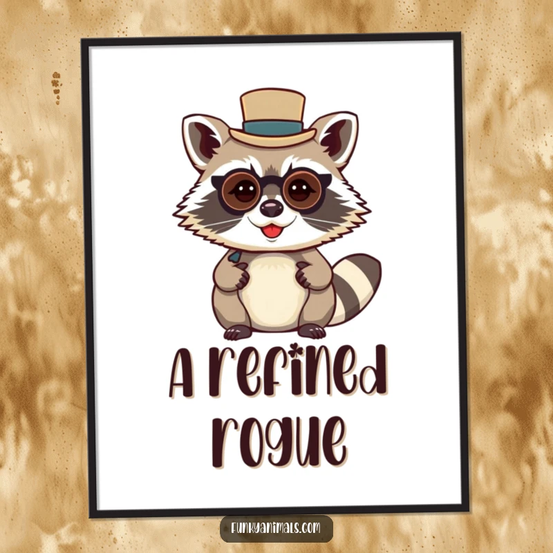 Funny raccoon gentleman digital art print of a mischievous raccoon wearing a tiny top hat and monocle, for wall decor.