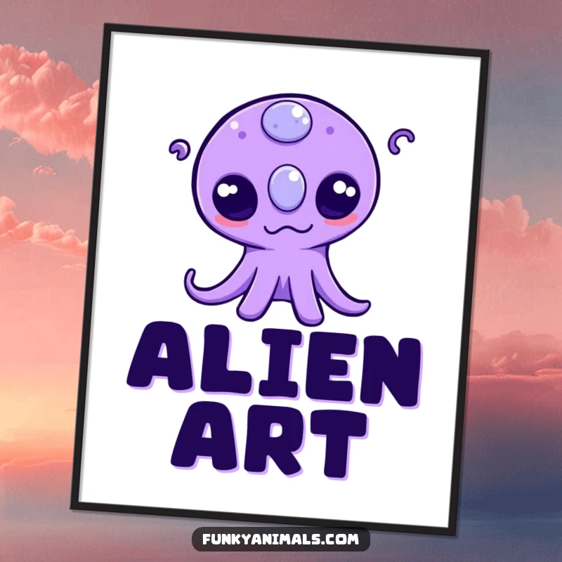 Funny digital art print of a three-eyed purple alien wiggling its tentacles, perfect for framing and adding instant cosmic charm.