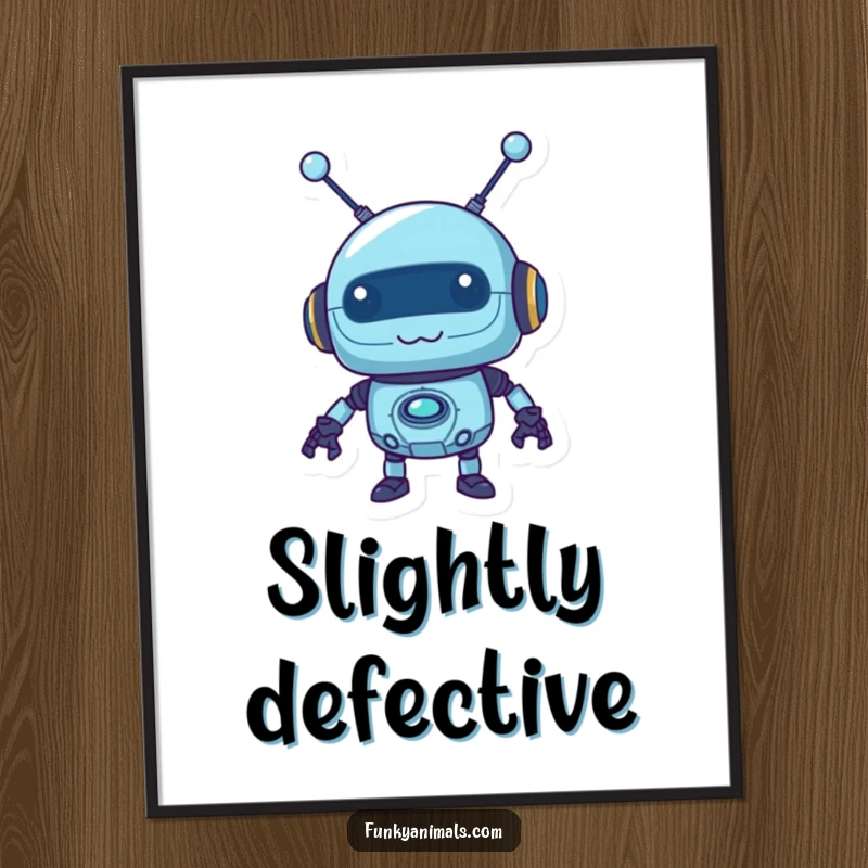 Funny blue robot digital art print showcasing a mischievous robot with wobbly antennas, an instant humorous tech decor piece.