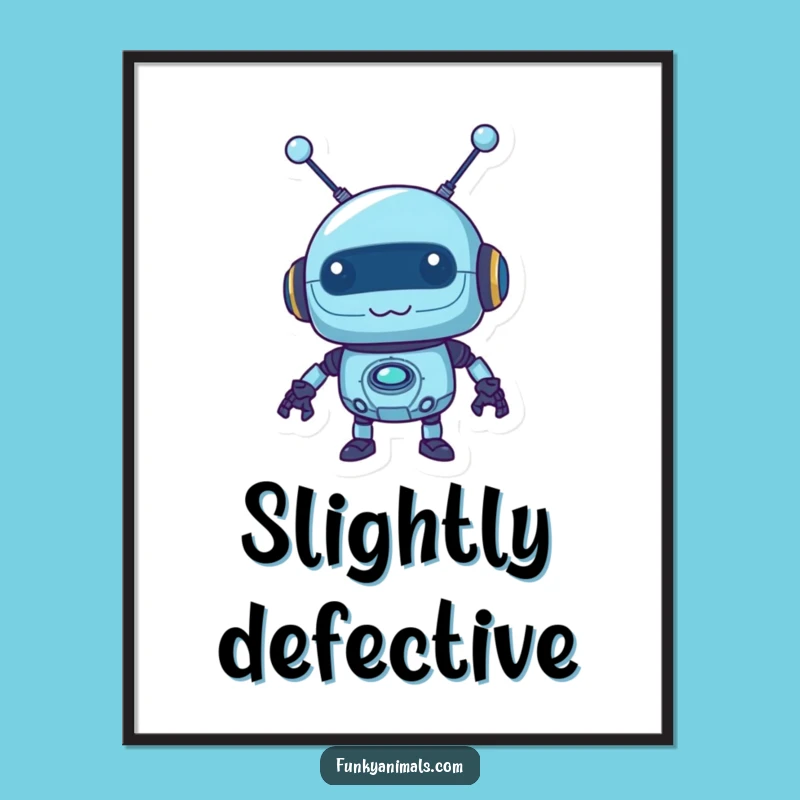 Funny Blue Robot Digital Art: Wobbly Antennas, Mischievous Tech Decor Print
