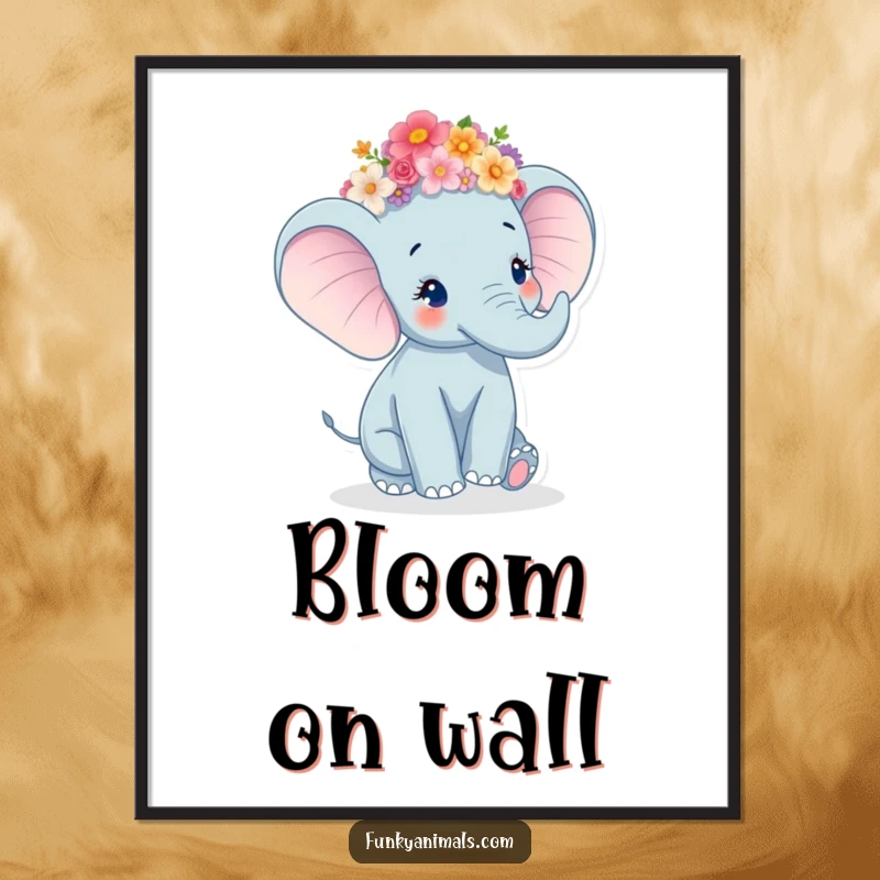 Funny Elephant Digital Art print of a joyful elephant wearing a flower crown and twirling with delight.