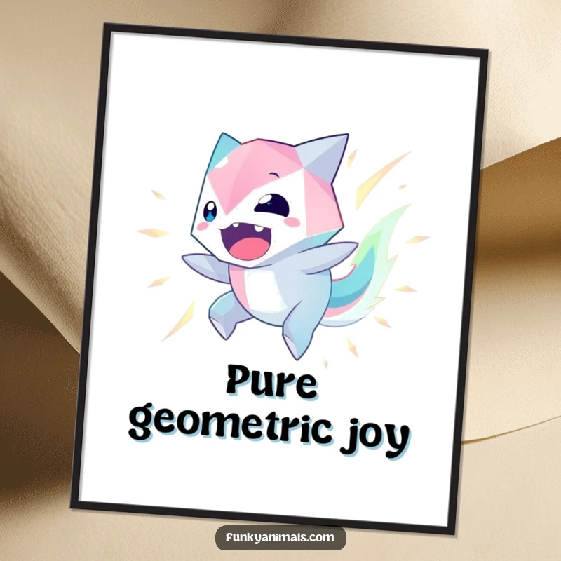 Funny Geometric Creature Digital Art Print of a spinning, glowing geometric alien with alight edges, full of excitement.