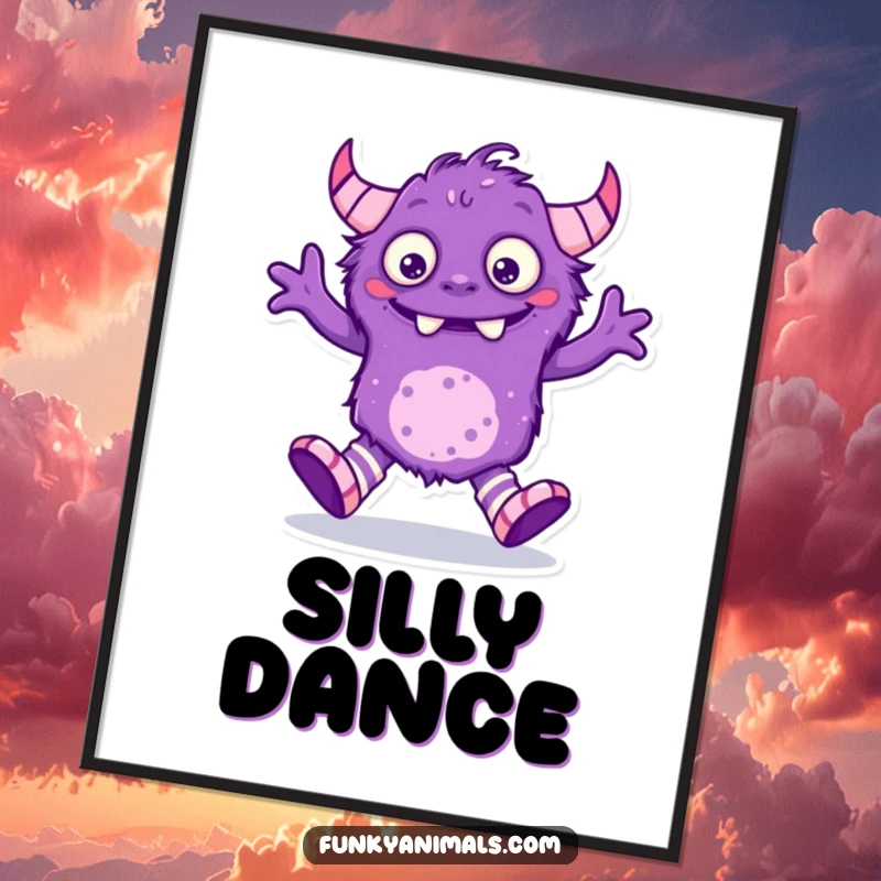 Funny purple monster digital art print, creature with mismatched socks captured mid-silly dance, full of character.