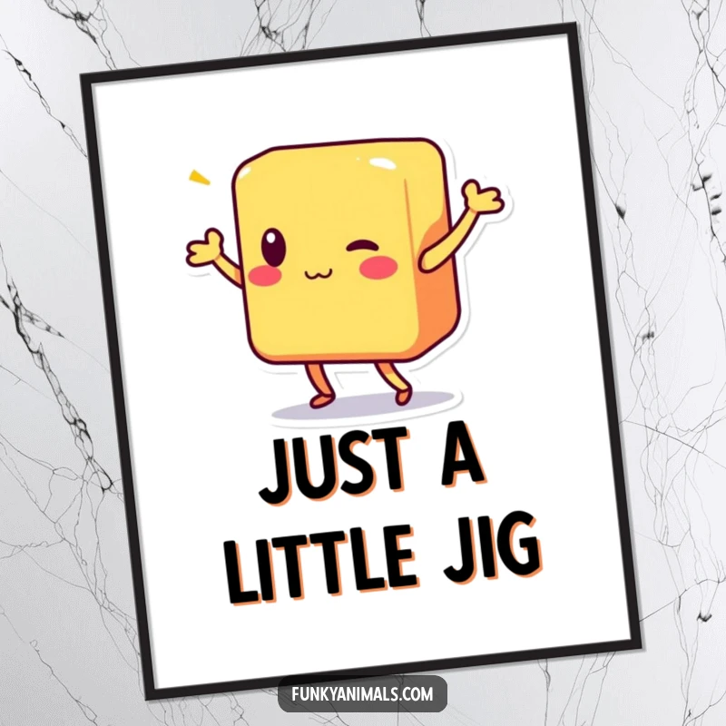 Funny digital art print of a colorful square block character performing an energetic and joyful shimmy.