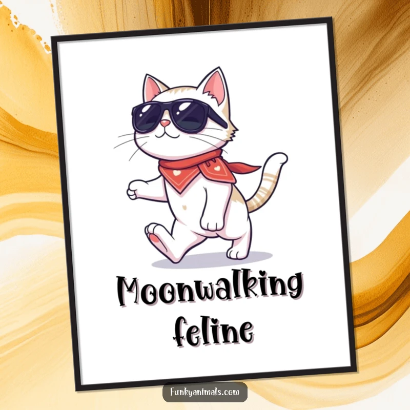 Funny cat moonwalk digital art print of a cool cat in sunglasses and bandana, performing a moonwalk on four paws, full of flair.