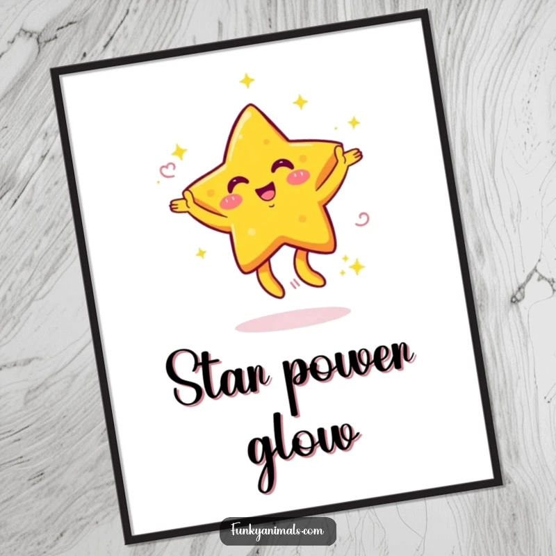 Funny digital art print featuring a bright yellow star character with swirling arms dancing energetically, perfect for instant humorous wall decor.