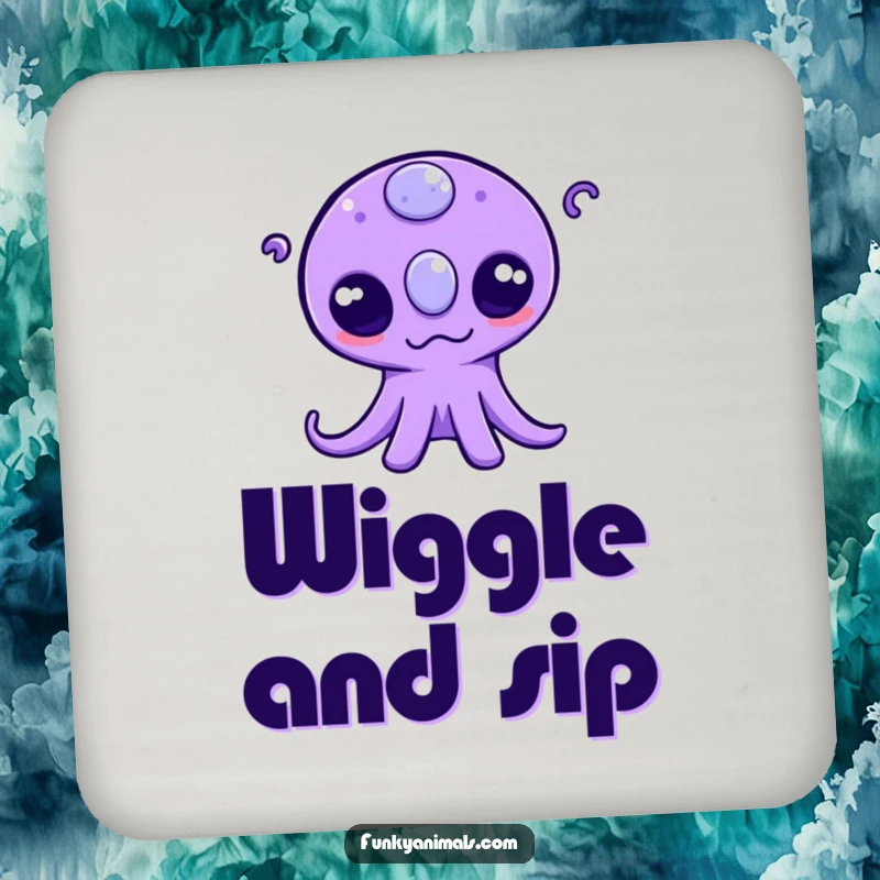 Funny drink coaster depicting a purple alien with three eyes wiggling its tentacles, adding a playful and cosmic vibe.