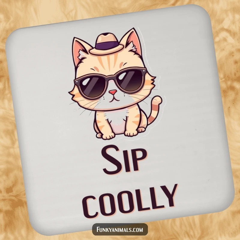 Funny Cool Cat Coasters depicting a chic cat in sunglasses and a fedora, adding a cool vibe to drinks.