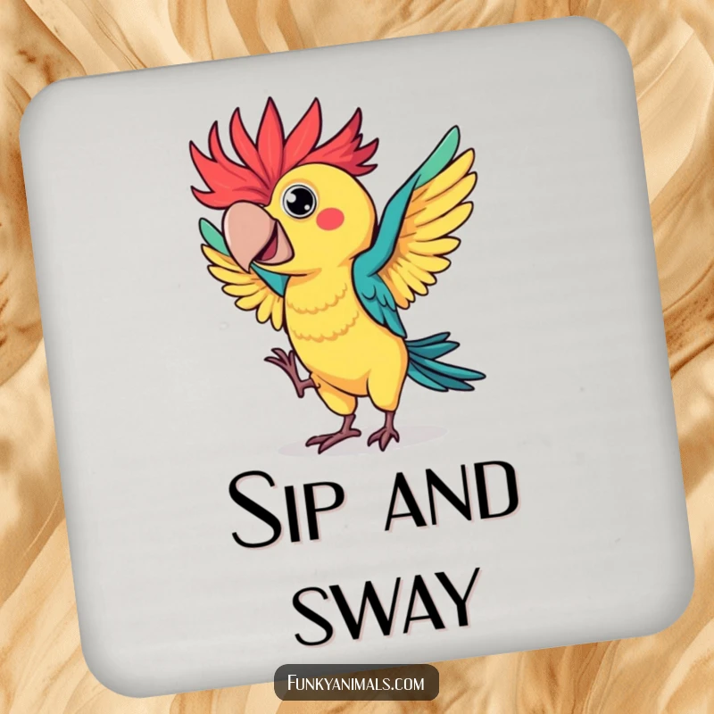 Funny parrot coaster featuring a colorful bird with wild, spiky feathers in a hilarious flamboyant dance, protecting surfaces with humor.