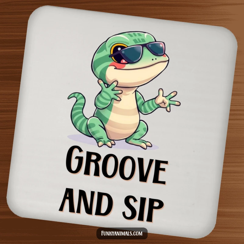 Funny lizard coaster featuring a jazzy reptile with stripes, snapping its fingers to a beat, adding cool, rhythmic protection.