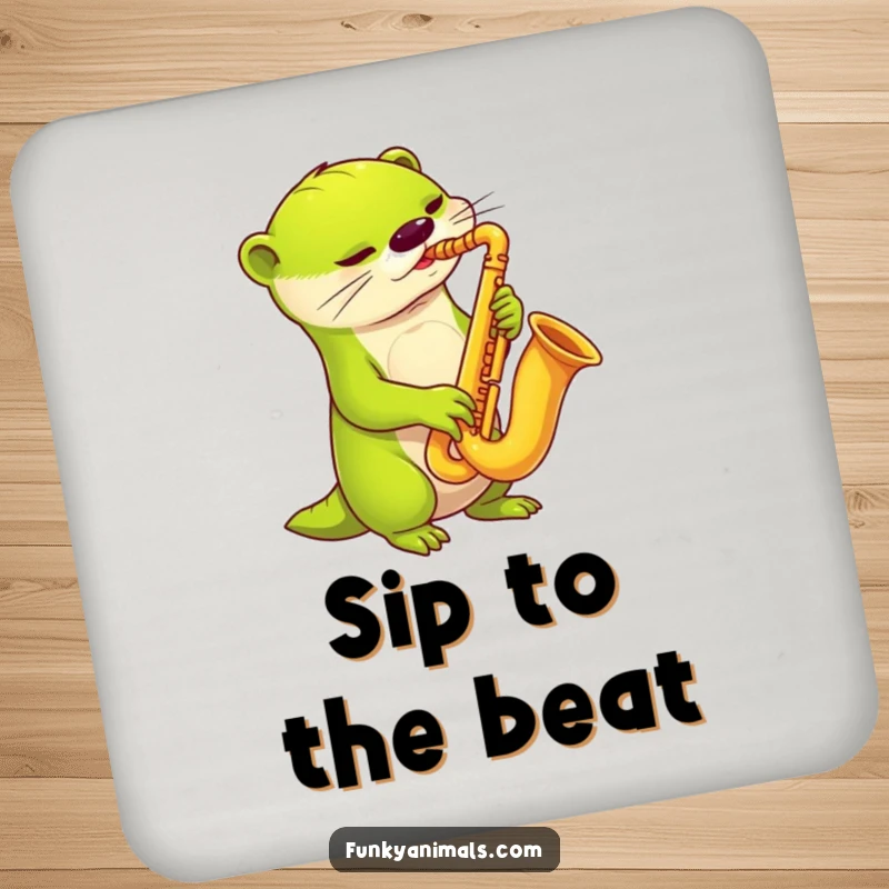 Funny alien otter saxophone drink coaster with a lime green alien otter playing a funky saxophone, protecting furniture.