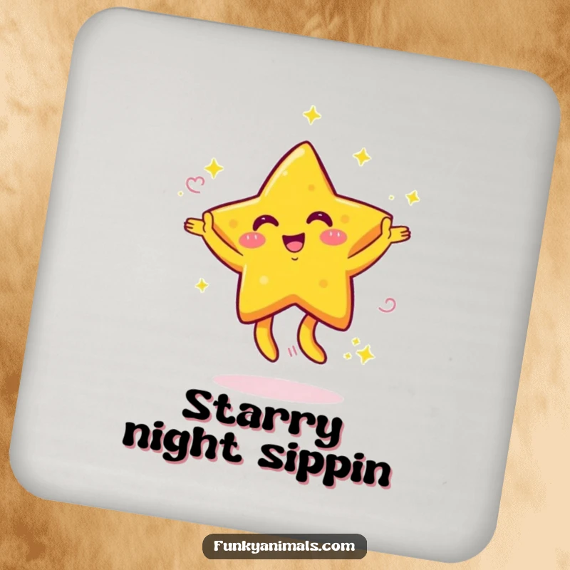 Funny coasters showing a bright yellow star character with swirling arms dancing energetically, providing humorous and practical surface protection.
