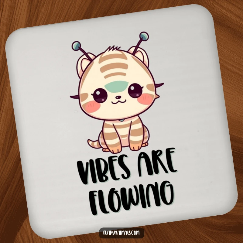 Funny drink coaster with a striped creature and antennae shimming its shoulders, protecting surfaces with dance-themed humor.