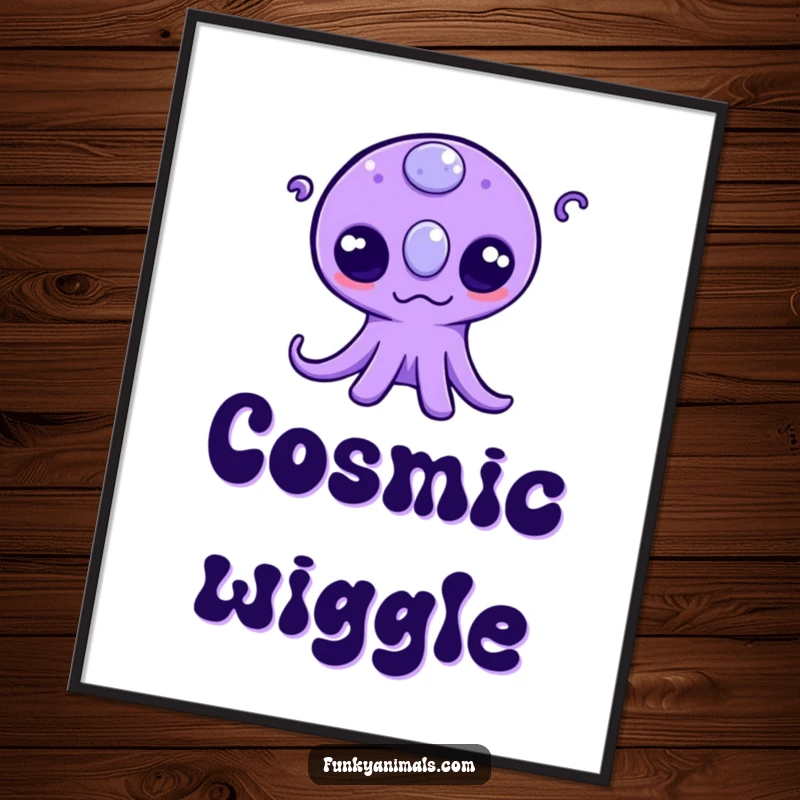 Funny poster featuring a purple alien creature with three eyes enthusiastically wiggling its tentacles, bringing a colorful, cosmic vibe.