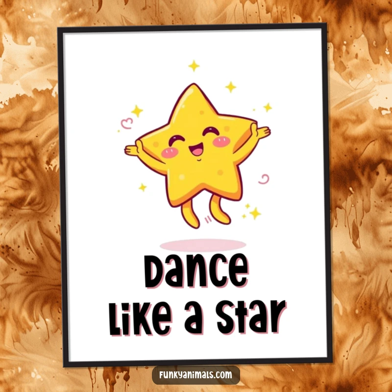 Funny poster showcasing a bright yellow star character with swirling arms dancing energetically, perfect for cheerful and humorous wall decor.