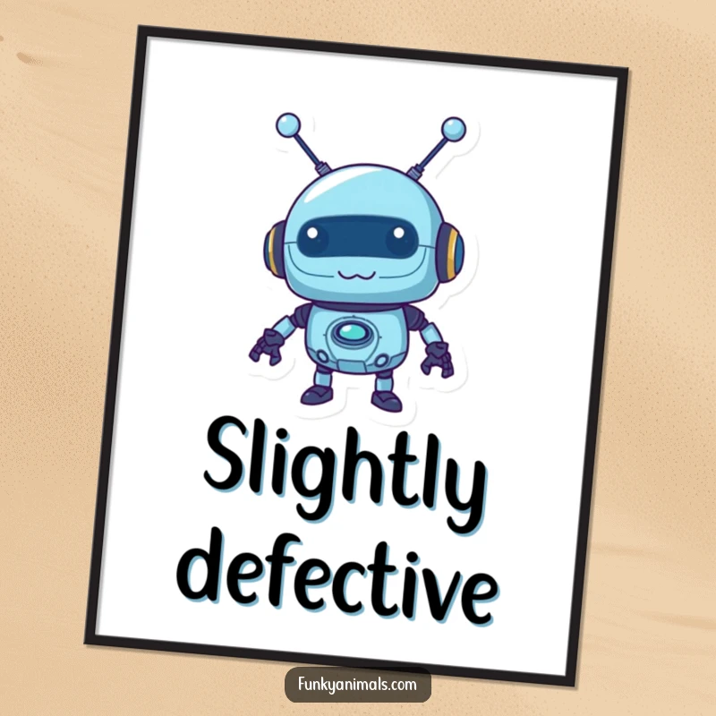 Funny blue robot poster depicting a mischievous robot with wobbly antennas, a humorous piece of tech-inspired wall art.